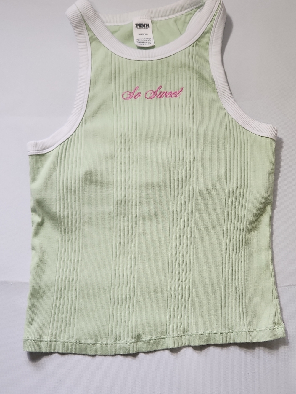 Victoria's Secret PINK Green Tank Top W/ Built In Bra"So Sweet" Embroidered